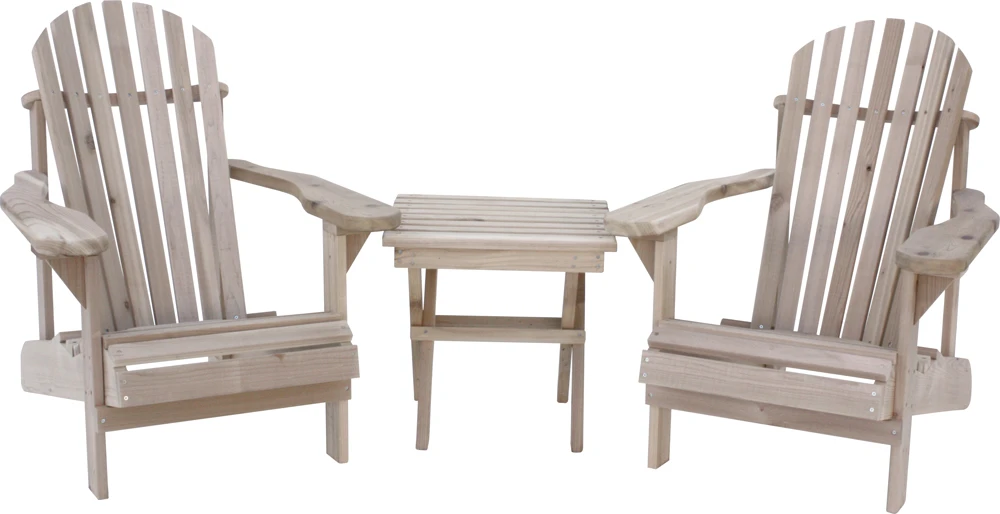 Two wooden Muskoka chairs joined by a small outdoor table