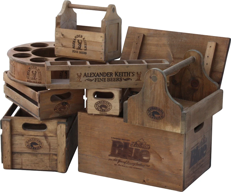 Custom wooden boxes, crates and bottle carriers with engraved branding