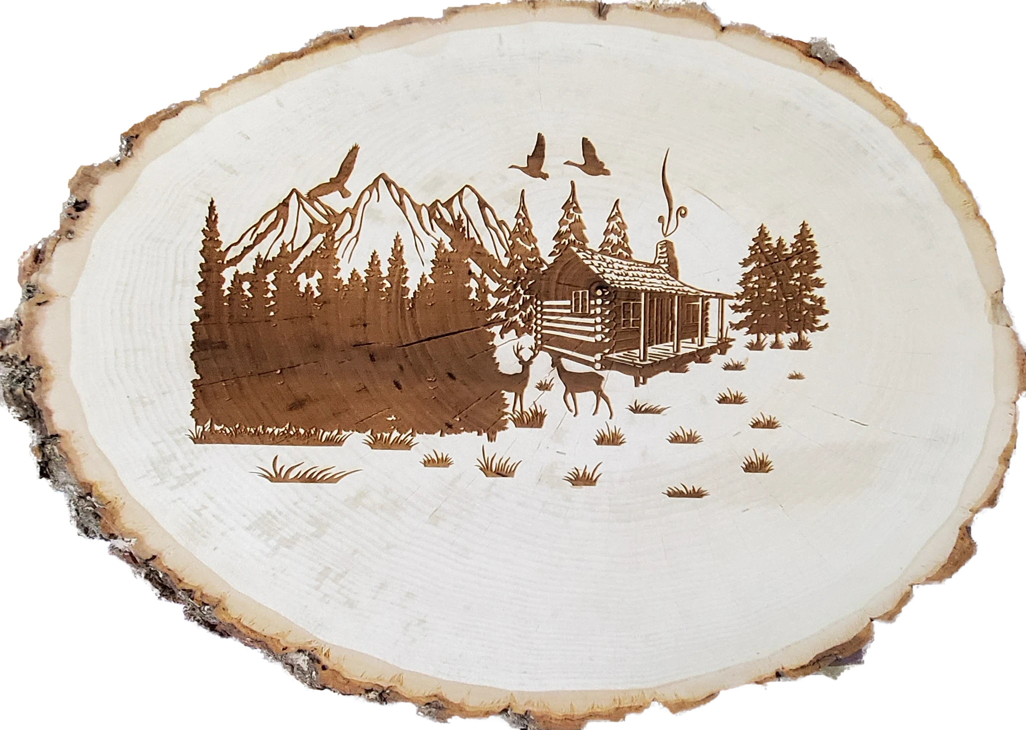 Cabin and mountain landscape laser engraved on a natural edge wood slice