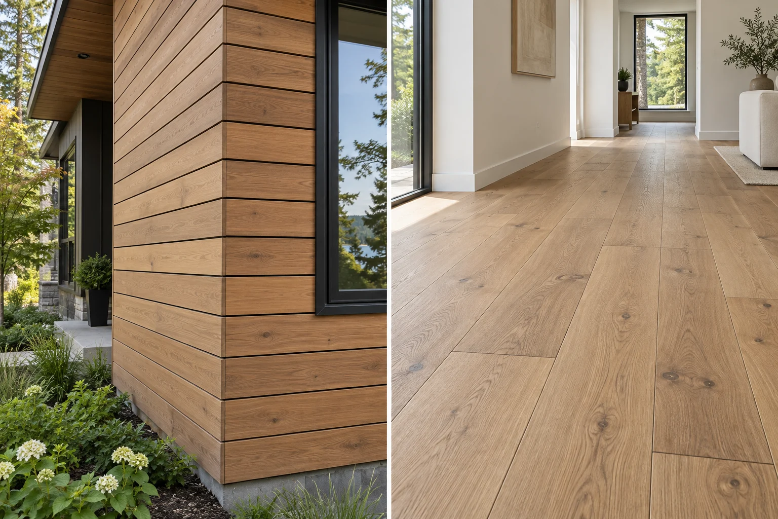 Design concept showing exterior nickel-gap wood cladding and interior solid wood flooring