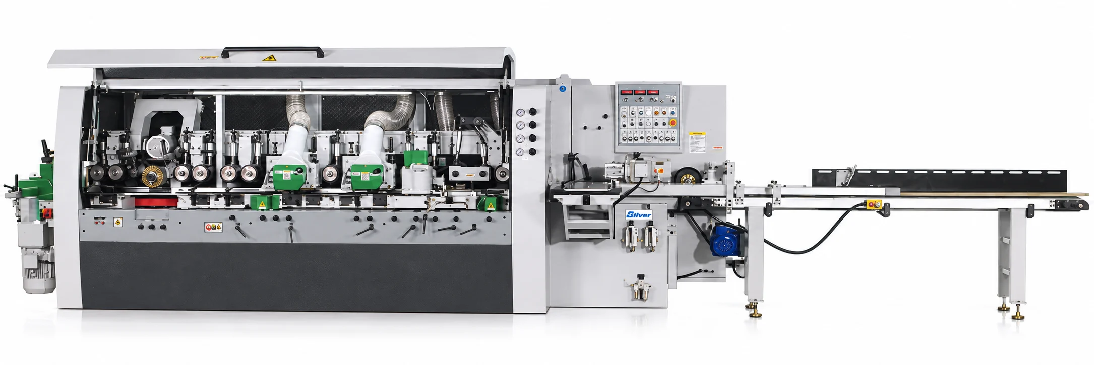 Silver wood moulder with open cover and extended feed table