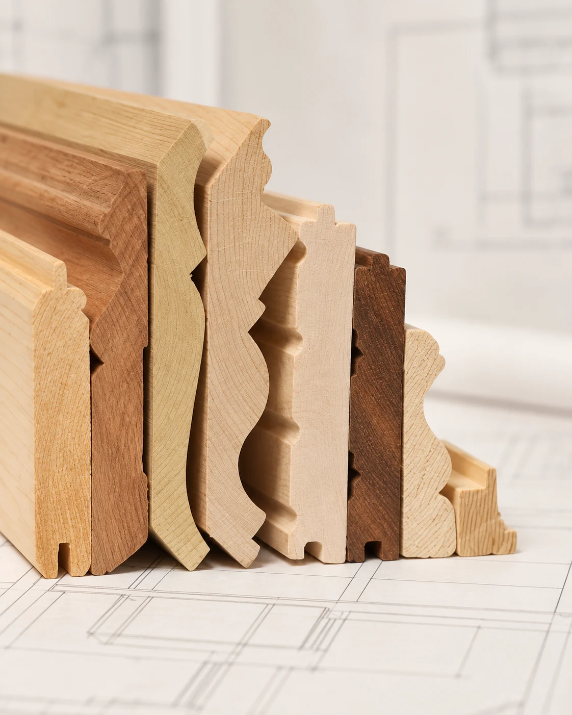 Upright natural wood moulding samples showing crown, casing and baseboard profiles