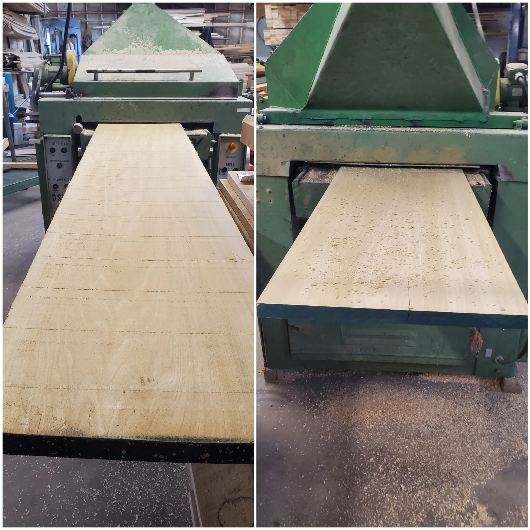 Wide wood board being processed in the workshop