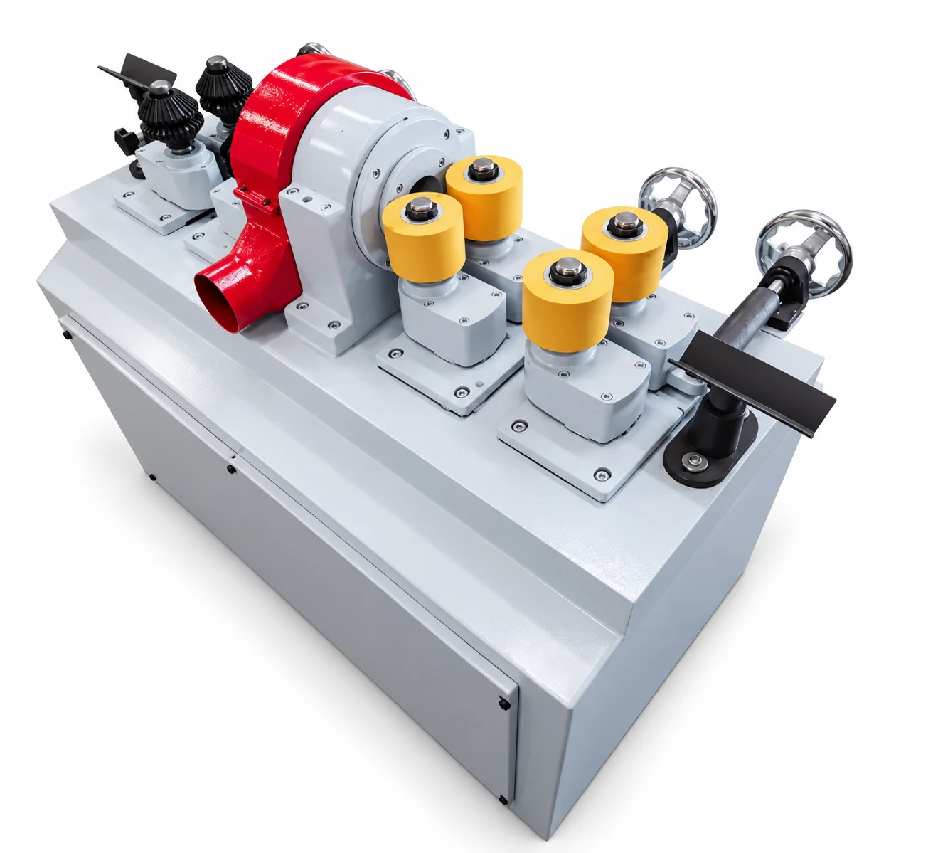 Wood dowel-making machine with red cutter housing and yellow feed rollers